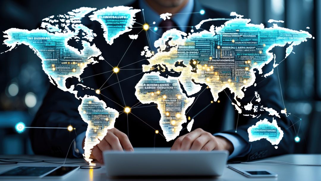 Businessman Analyzing Holographic Global Map in Modern Office