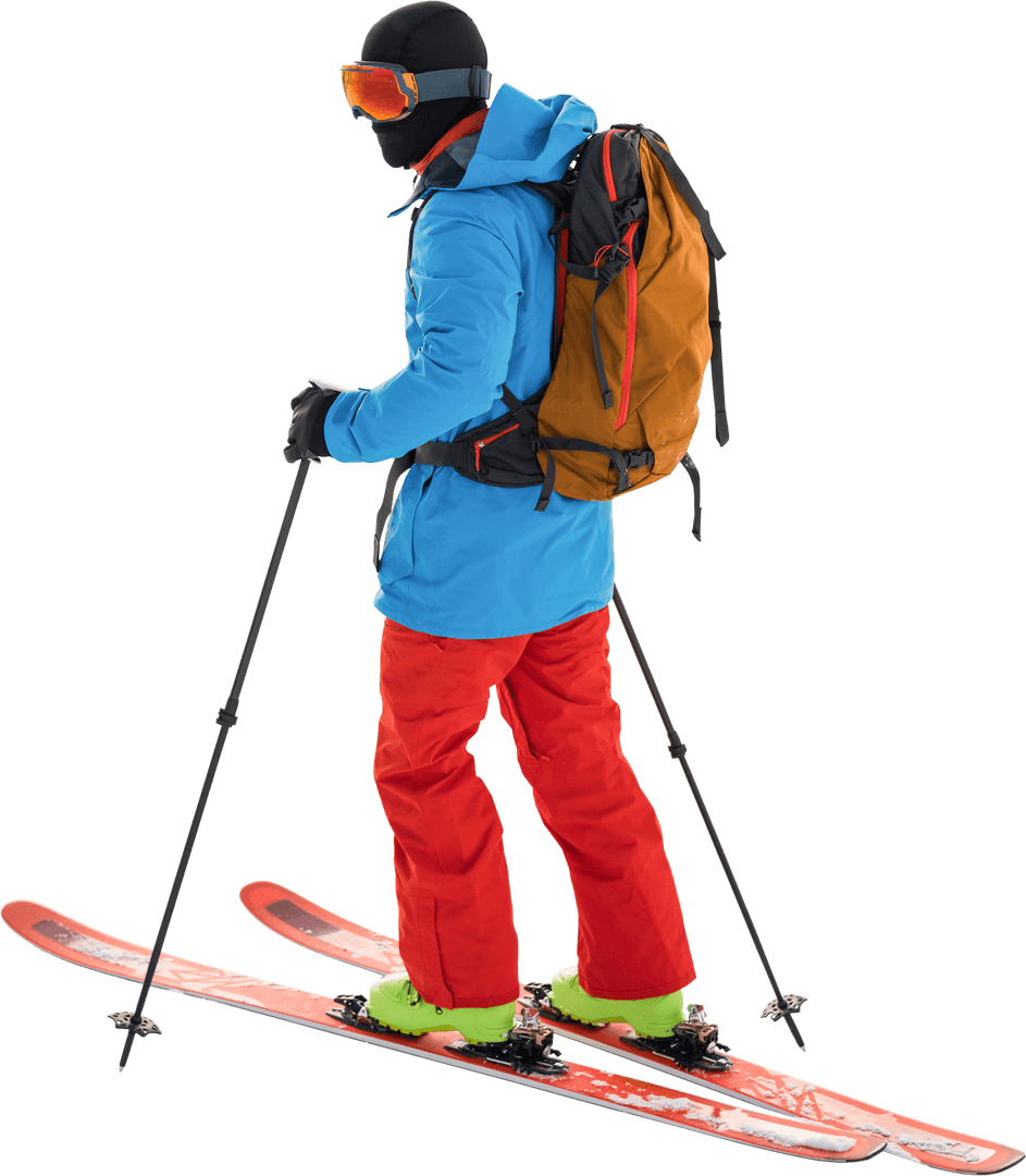 Transparent Full Length Skier in Colorful Gear on Skis