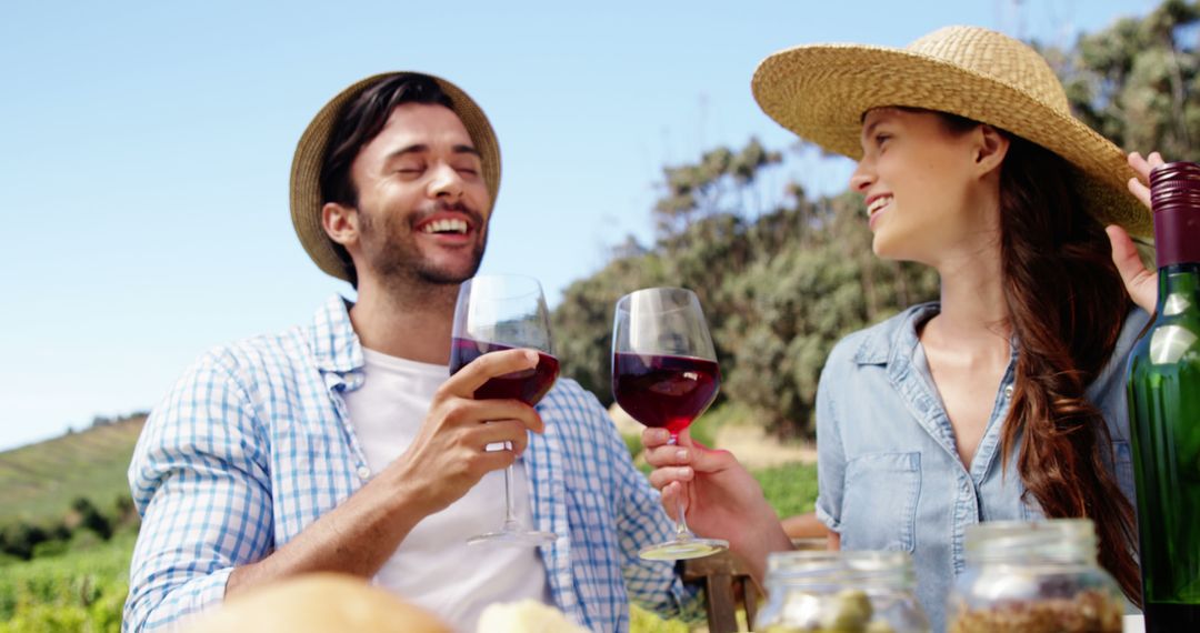 Couple Enjoying Wine on a Sunny Picnic in the Countryside - Free Images, Stock Photos and Pictures on Pikwizard.com