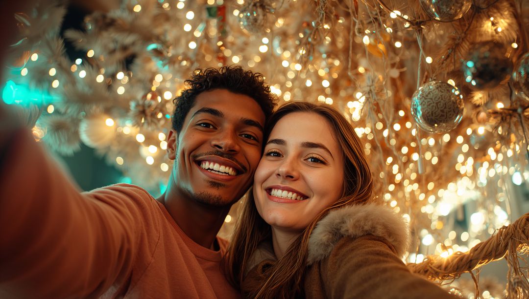 Smiling Couple Enjoying Holiday Market with Warm Festive Lights