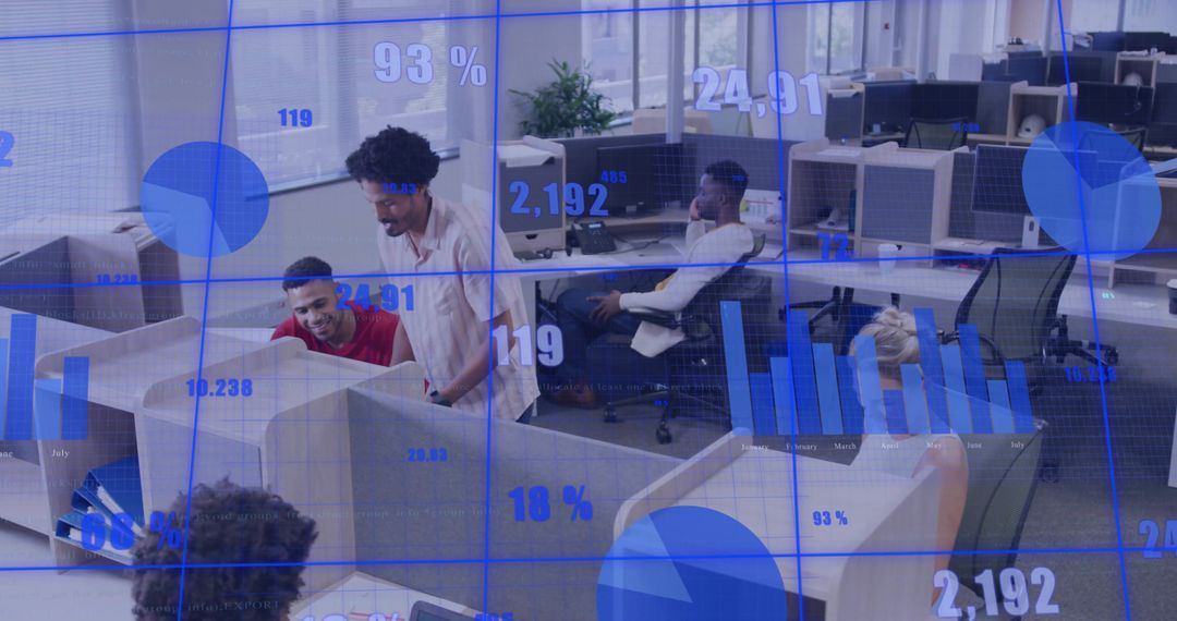 Team collaborating in open office with blue digital analytics overlay