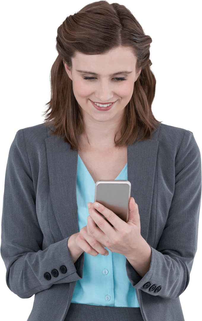 Transparent Businesswoman Smiling While Using Smartphone