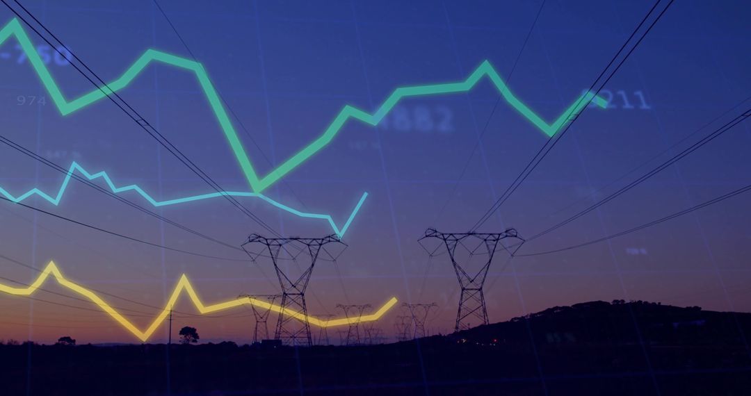 Power Lines at Dusk with Overlaying Data Charts