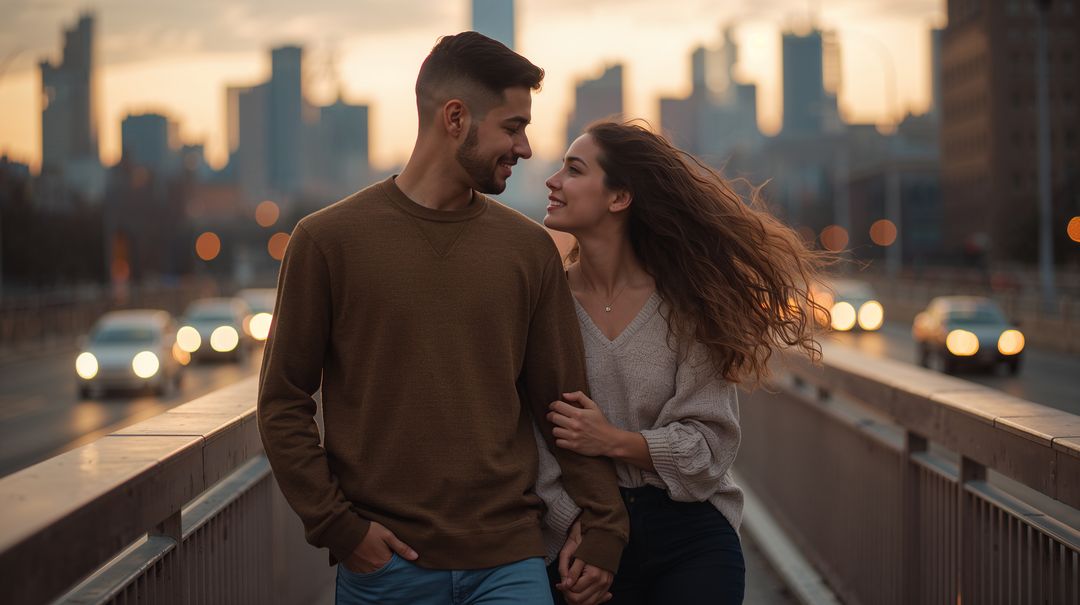 Romantic couple walking on city bridge at dusk holding hands with skyline bokeh sunset