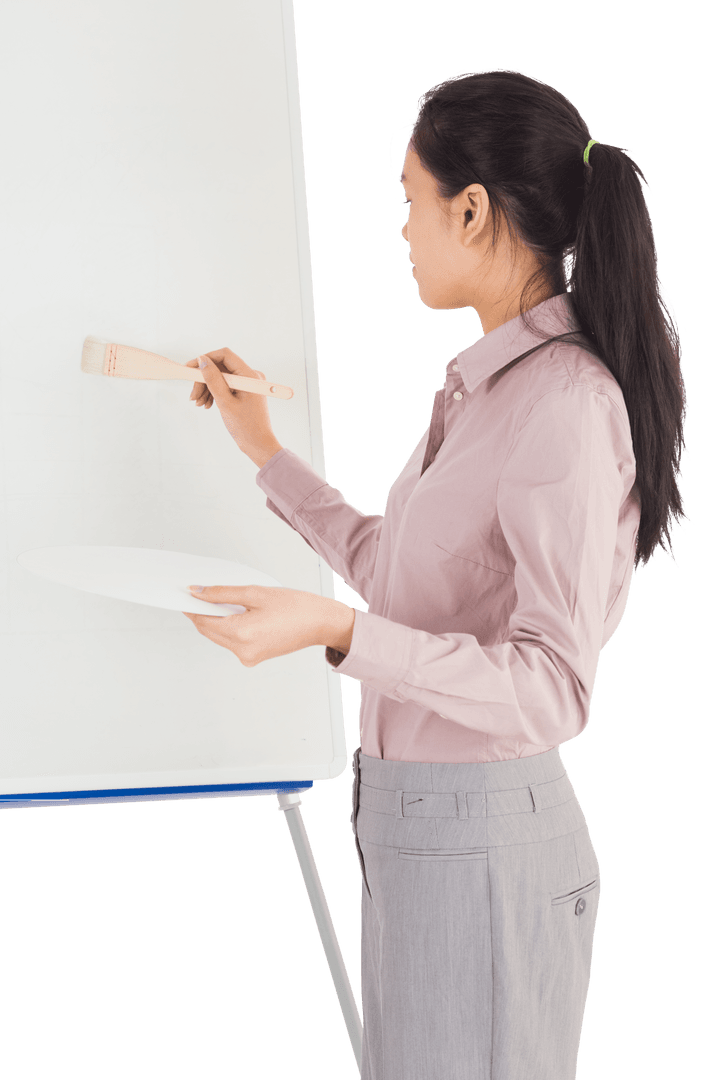 Transparent Businesswoman Painting on Easel During Creative Workshop