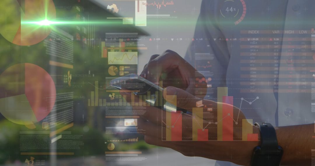 Businessman Analyzing Financial Data with Smartphone Digital Overlay