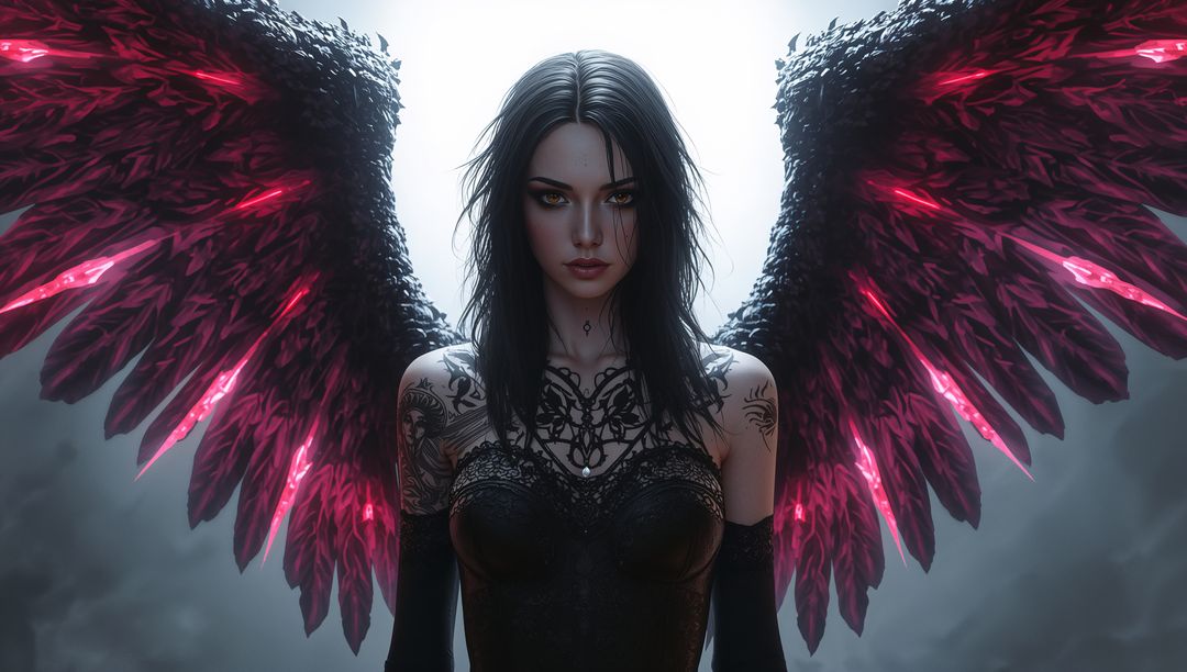 Mysterious Winged Woman with Glowing Red Wings in Gothic Fantasy