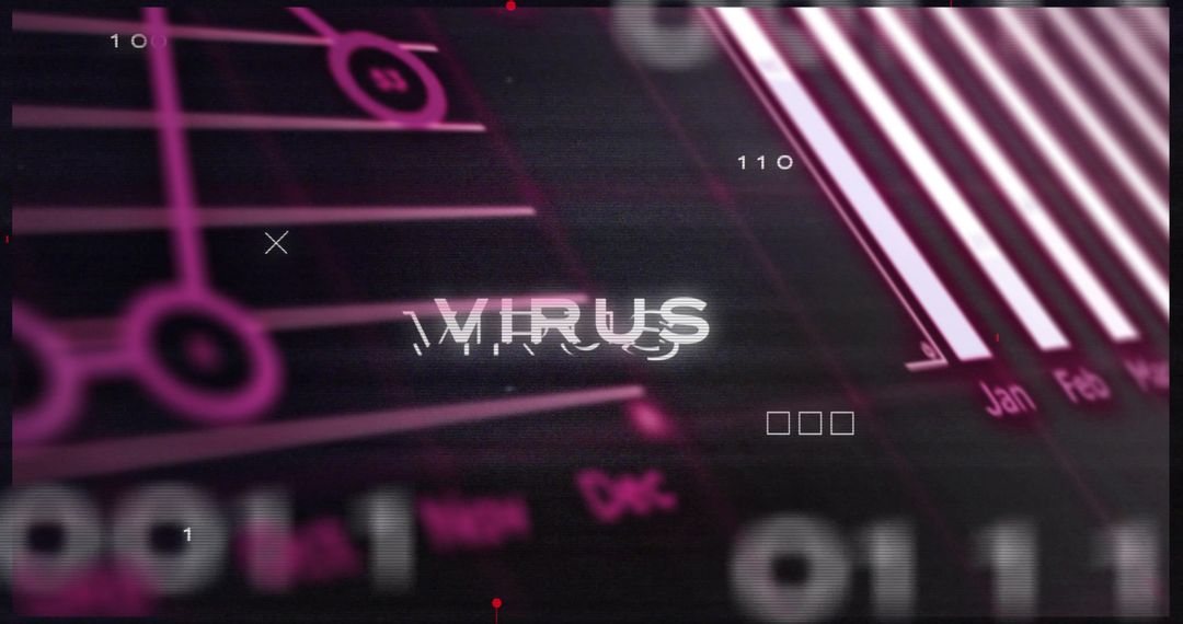 Glitching Virus Text with Cybersecurity Elements and Bar Graphs