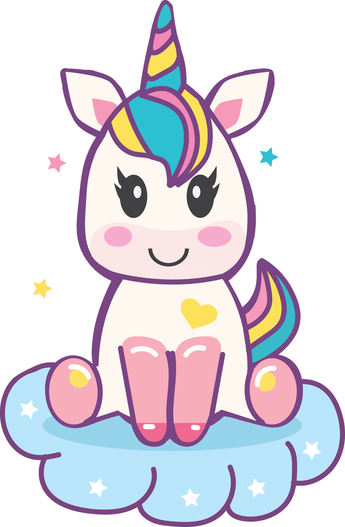Cute Unicorn Sitting on Cloud with Stars Transparent Background