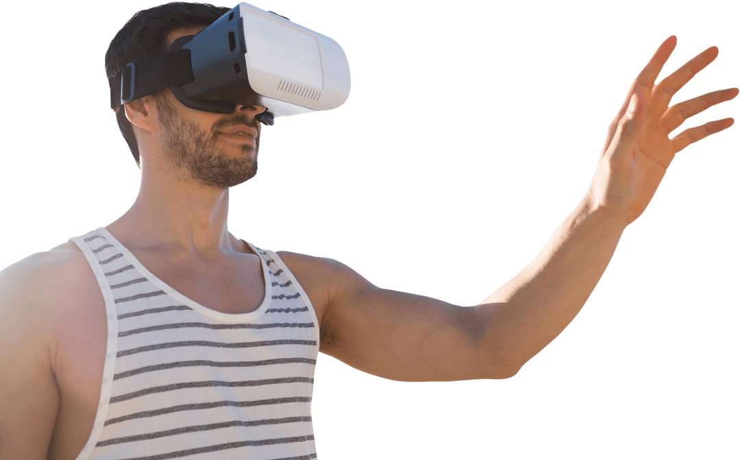 Transparent View of Man Using VR Glasses Outdoors Quickly