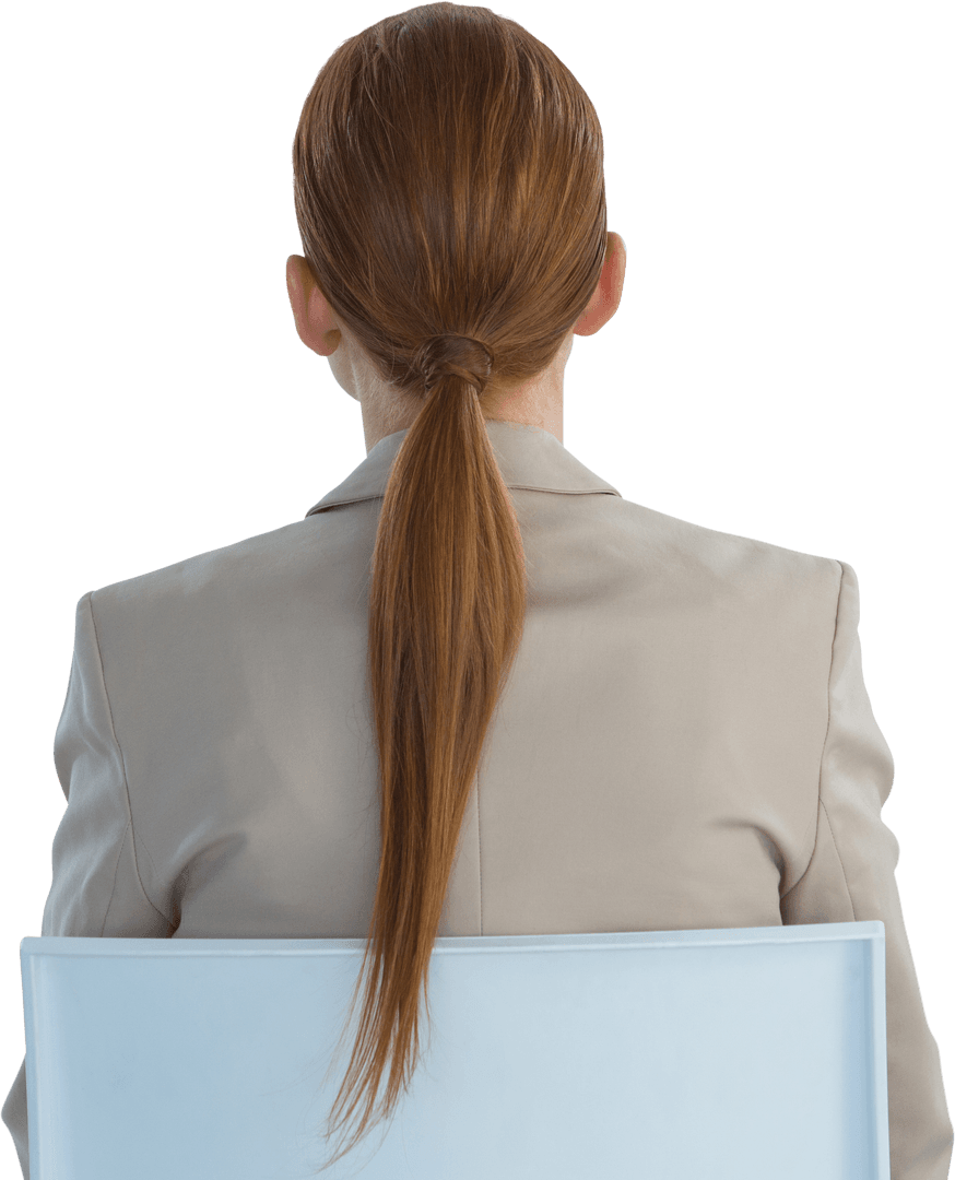 Rear View Transparent Image of Businesswoman with Red Hair Sitting on Chair