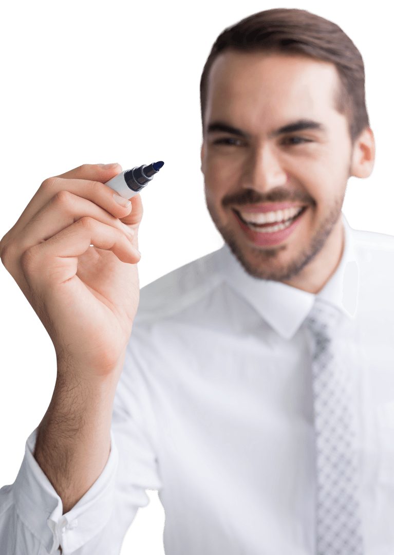 Happy Businessman Writing with Transparent Marker