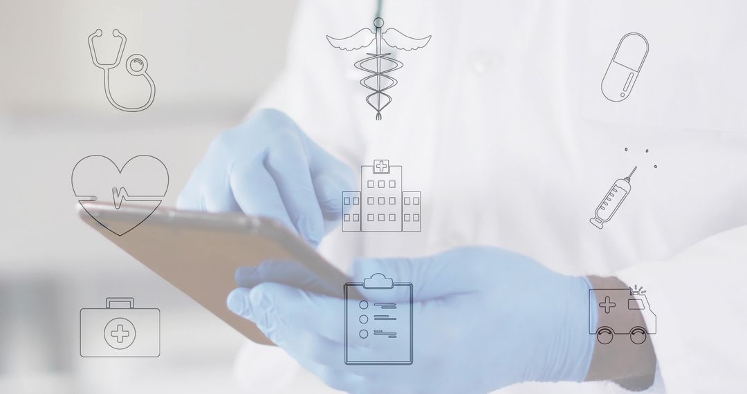 Doctor Interactive with Digital Tablet and Medical Icons Overlay