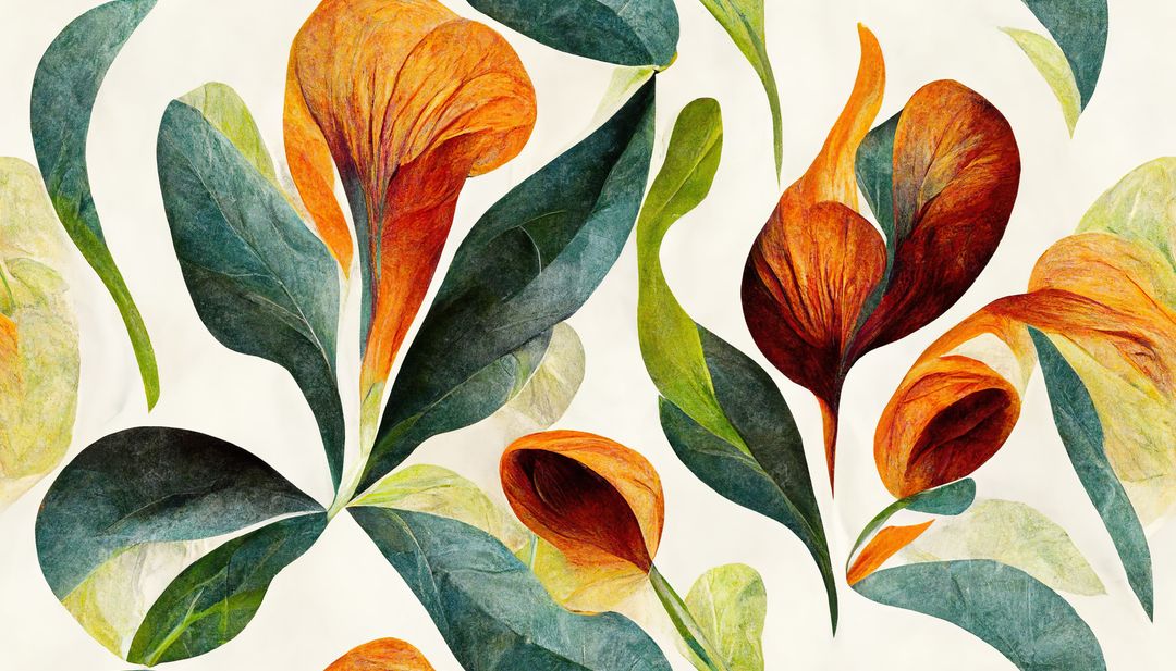 Vibrant Botanical Watercolor Pattern with Orange Leaves - Free Images, Stock Photos and Pictures on Pikwizard.com