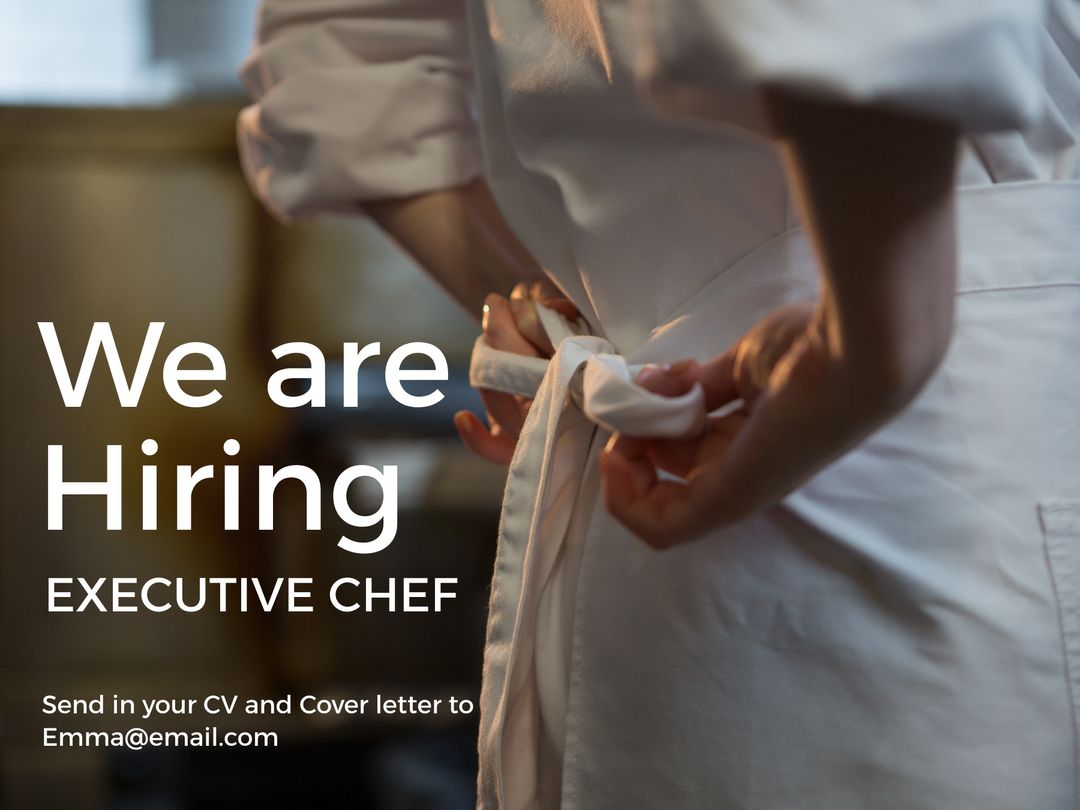 Executive Chef hiring announcement showing chef tying apron - Download Free Stock Templates Pikwizard.com