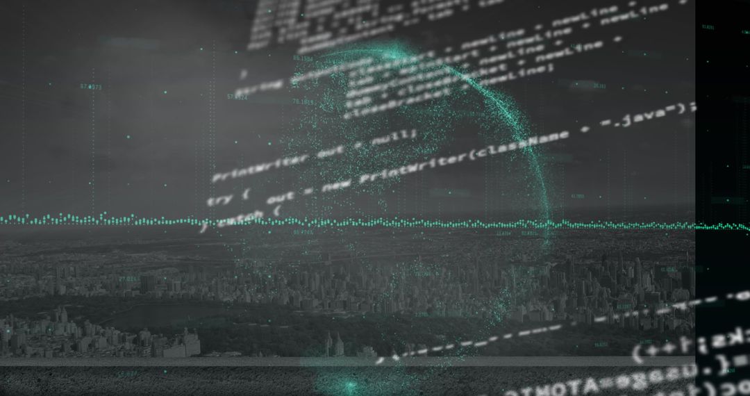 Futuristic Cityscape Intertwined with Digital Code Matrix