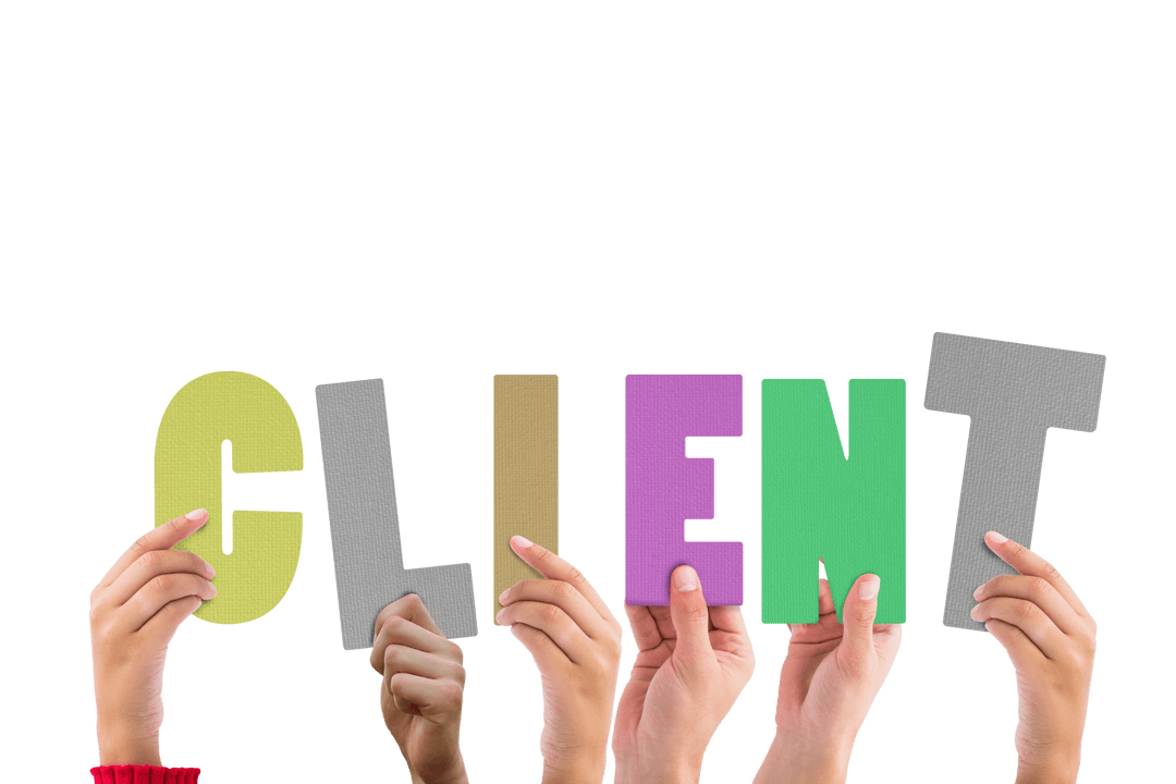 Hands Holding CLIENT Text on Transparent Background