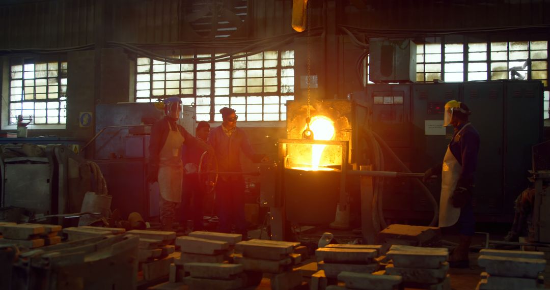 Workers Supervising Molten Metal Pouring in Industrial Foundry - Free Images, Stock Photos and Pictures on Pikwizard.com