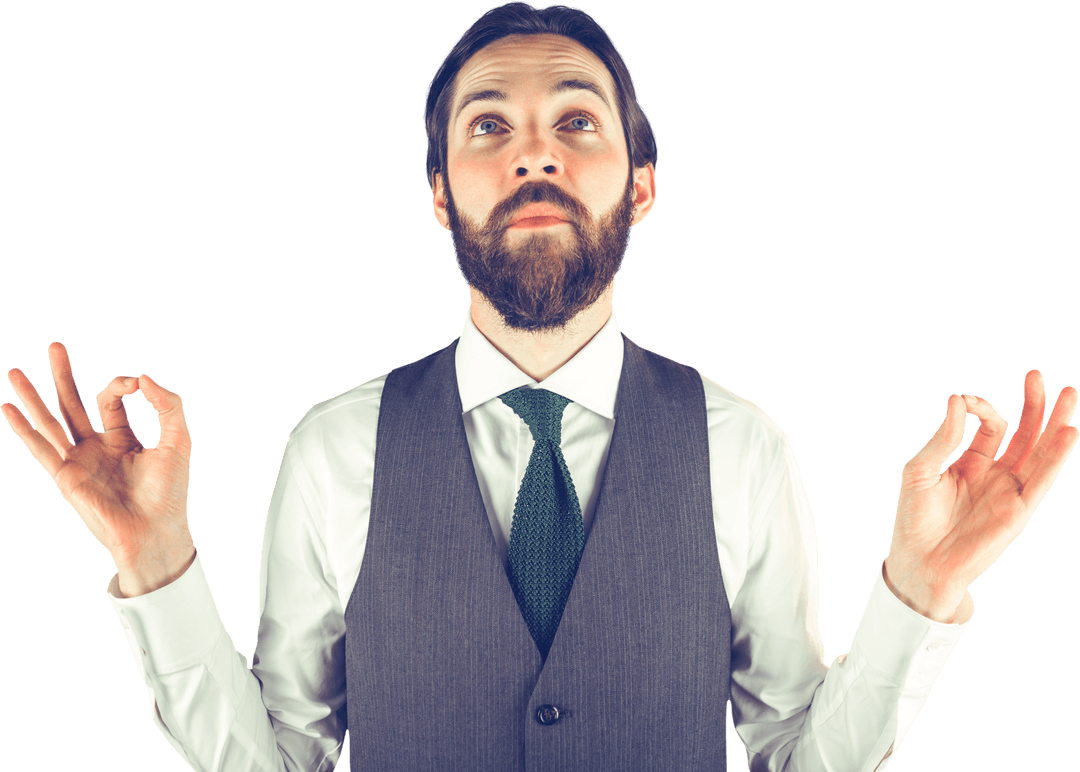 Thoughtful Businessman with Beard Gesturing OK Sign on Transparent Background