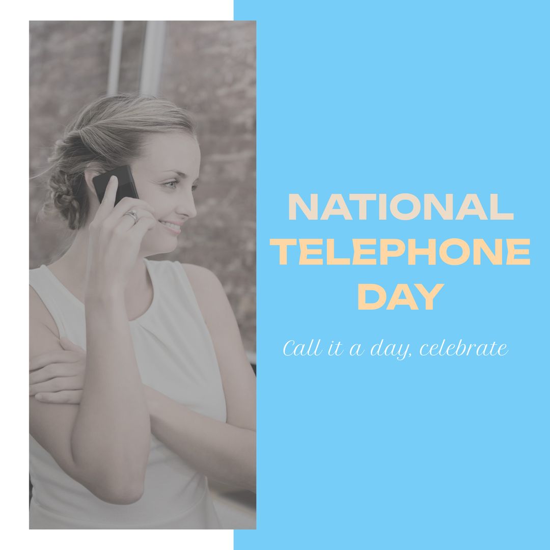 Caucasian Woman Celebrating National Telephone Day with Smartphone