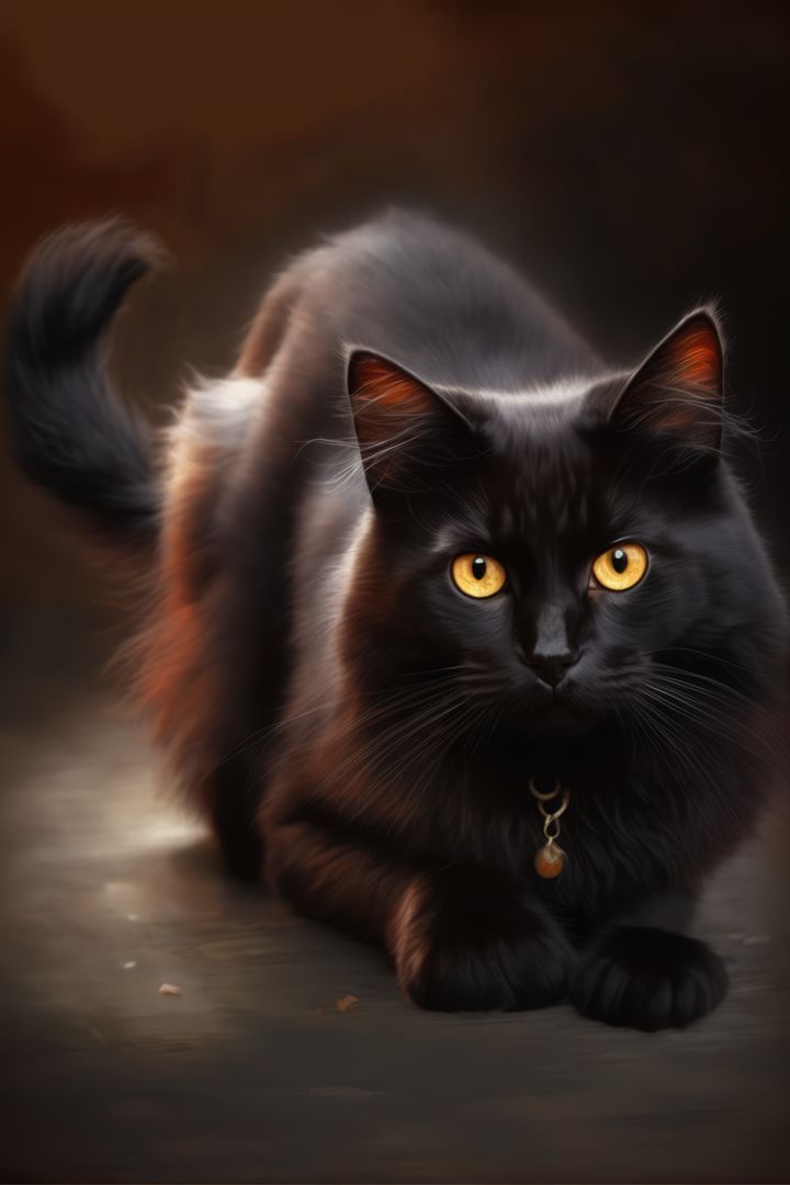 Black Cat with Yellow Eyes and Unique Medallion Sitting - Free Images, Stock Photos and Pictures on Pikwizard.com