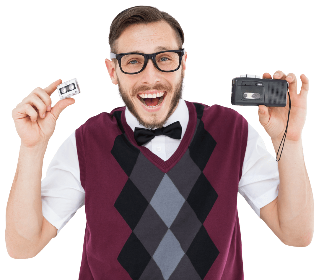 Enthusiastic Geeky Man Holding Transparent Retro Tape Player