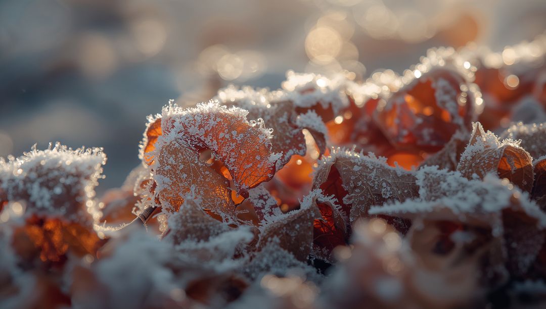 Frost-Covered Forest Floor with Sunlit Autumn Leaves