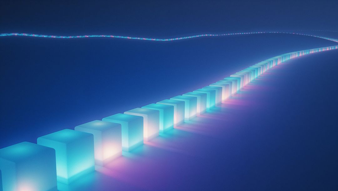 Glowing Translucent Cubes in Digital Space with Neon Light Trail