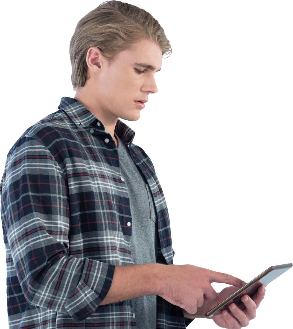 Young Man Engaged with Tablet on Transparent Background