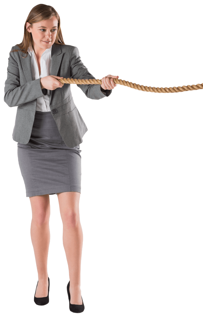 Businesswoman in Formal Attire Pulling Rope on Transparent Background