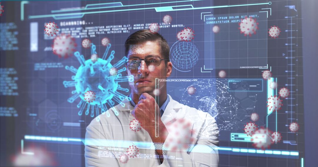 Male Doctor Analyzing COVID-19 Data on Digital Screen