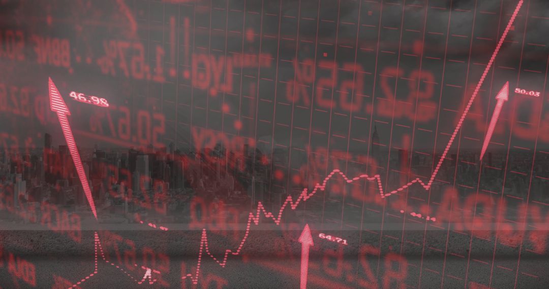 Red Financial Data Overlay on Urban Landscape