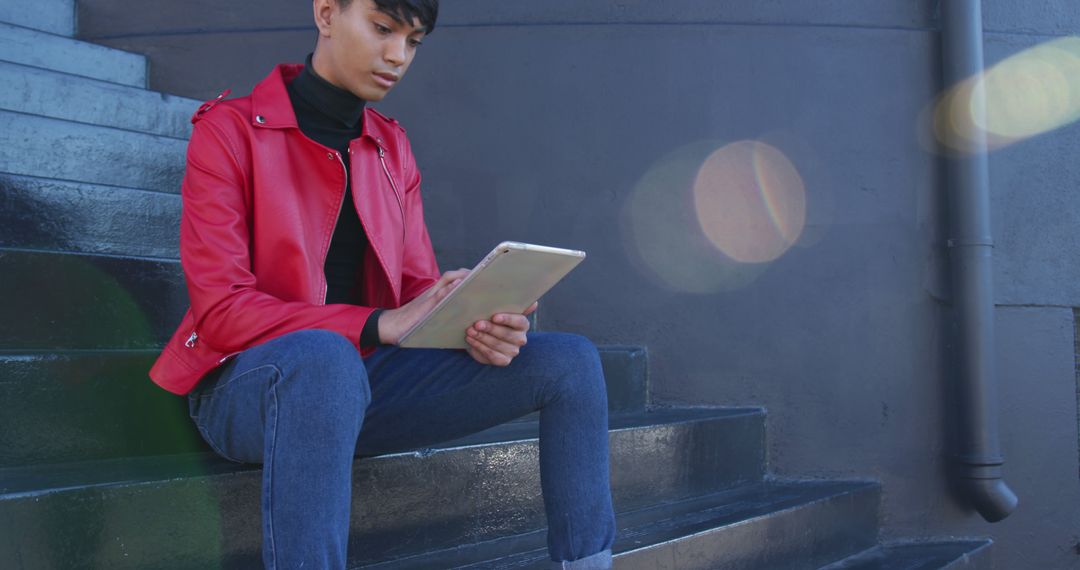 Stylish Genderfluid Person Sitting with Tablet on Urban Stairs - Free Images, Stock Photos and Pictures on Pikwizard.com