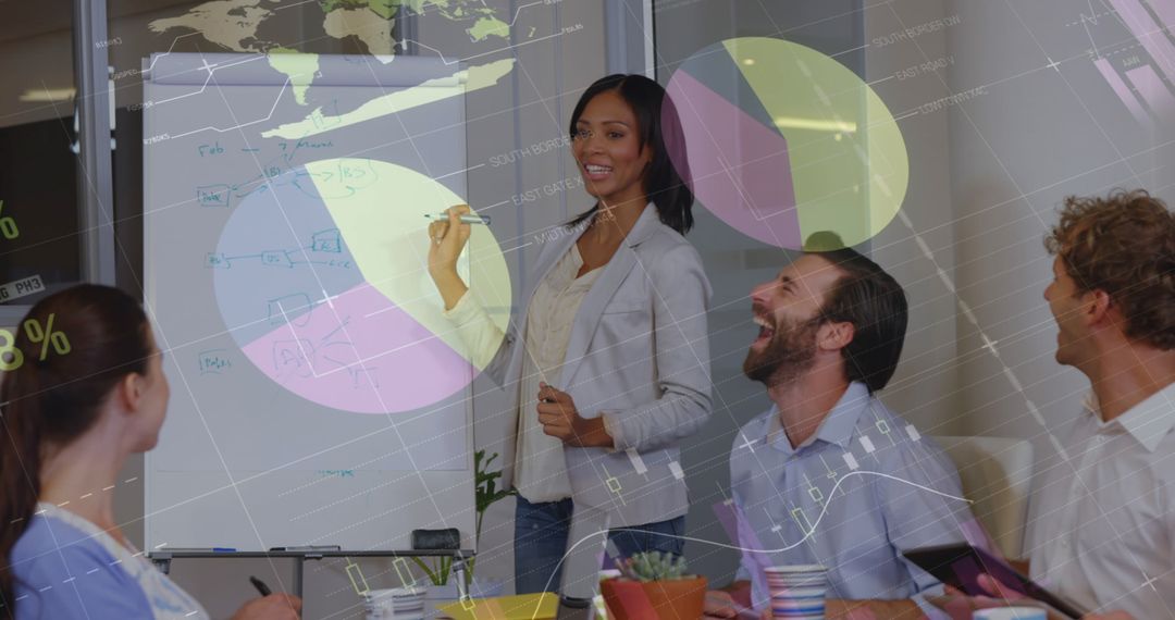 Business Woman Presenting Data with Technology Overlay