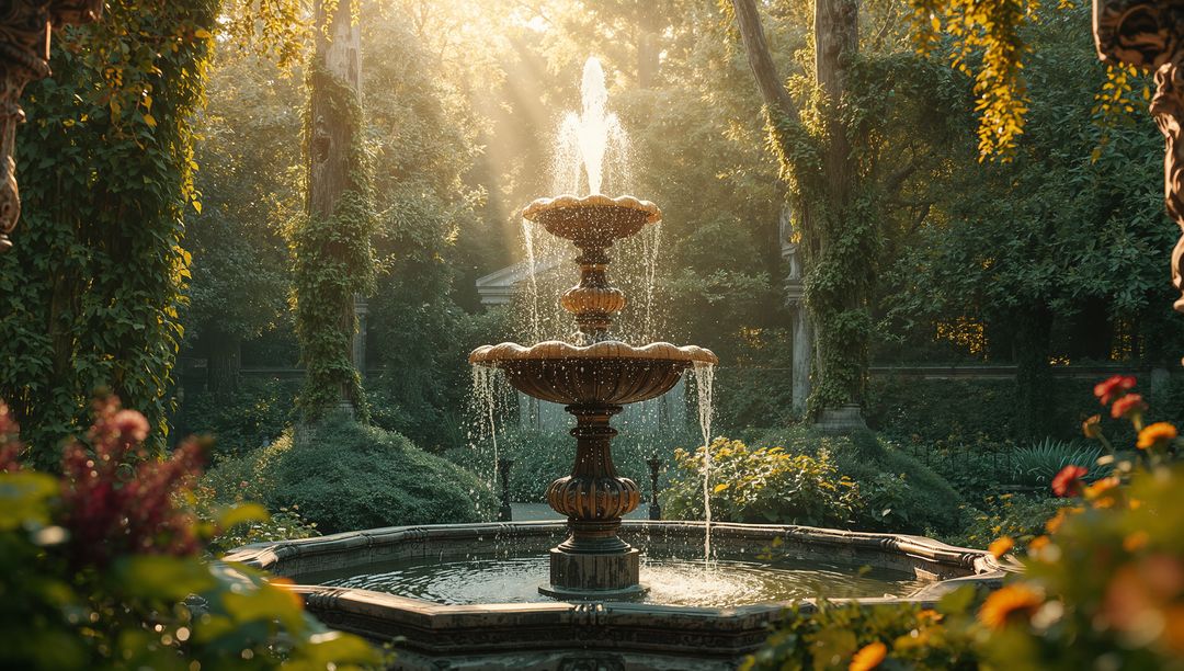 Ornate Three-Tier Stone Fountain in Lush Courtyard Garden