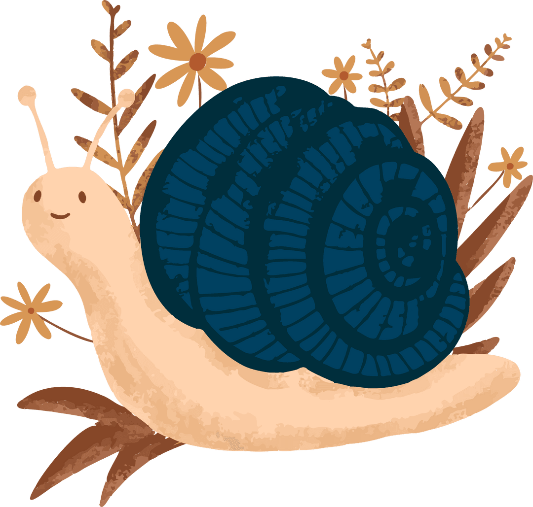 Whimsical Snail with Foliage on Transparent Background