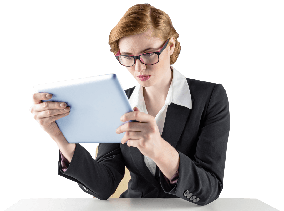 Redhead Businesswoman Examining Tablet with Intensity on Transparent Background