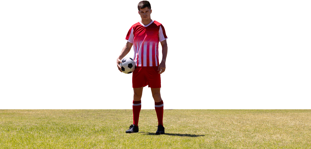 Hispanic Footballer Holding Soccer Ball Isolated on Transparent Background