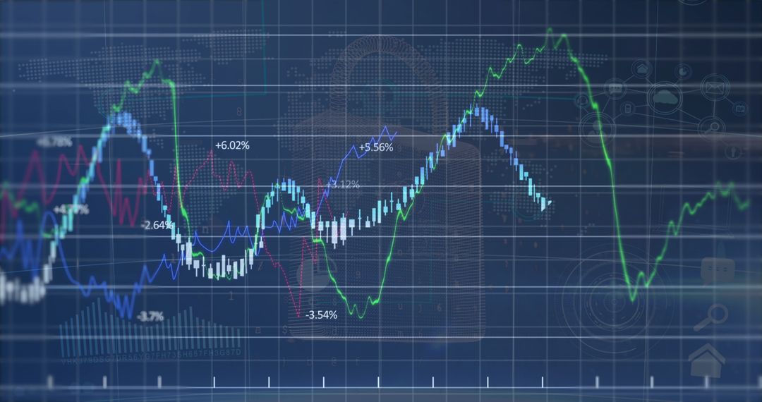 Financial Data Charts with World Map on Blue Digital Background