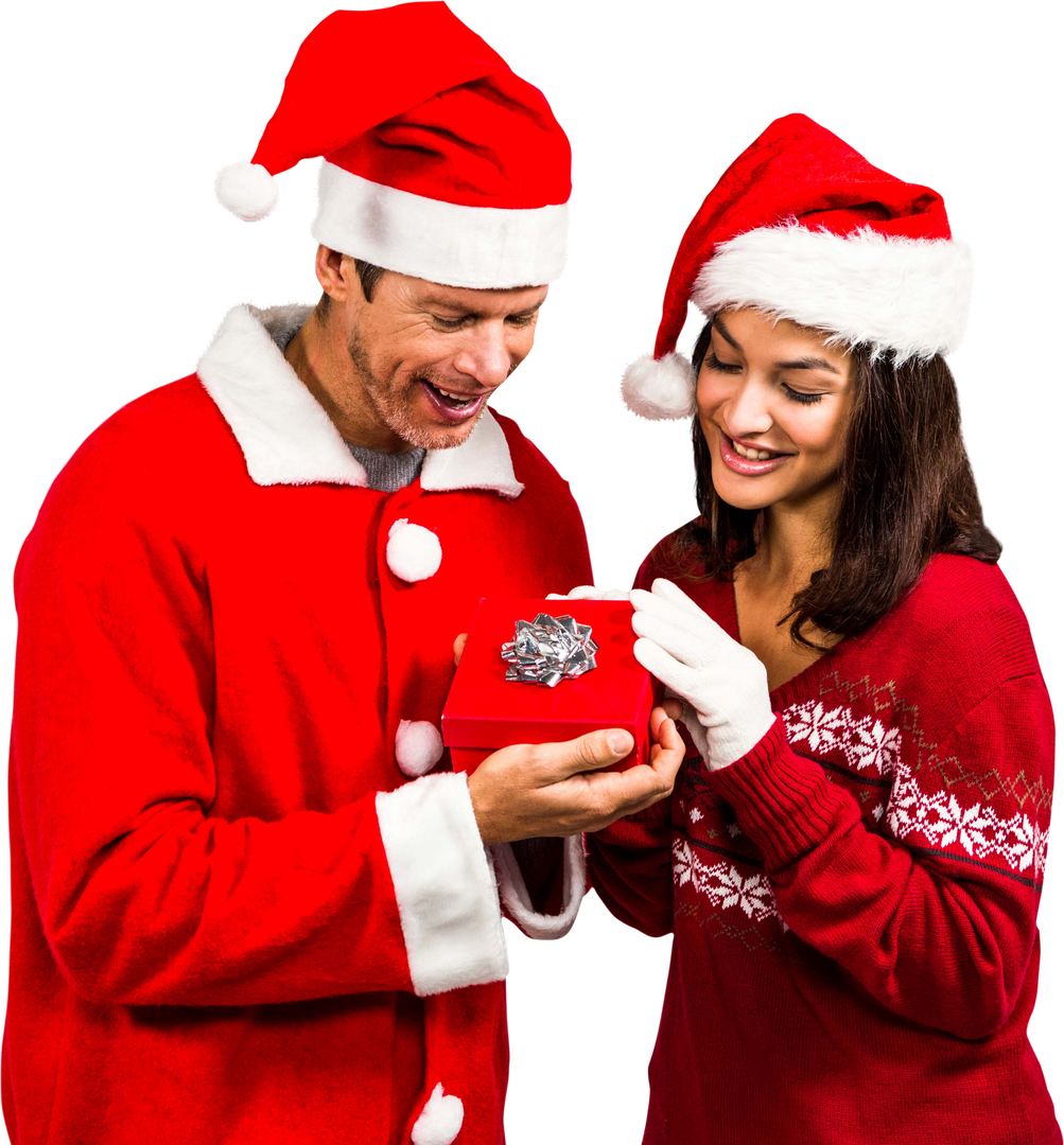 Joyful Couple Exchanging Gift in Santa Hats, Transparent Background - Download Free Stock Images Pikwizard.com