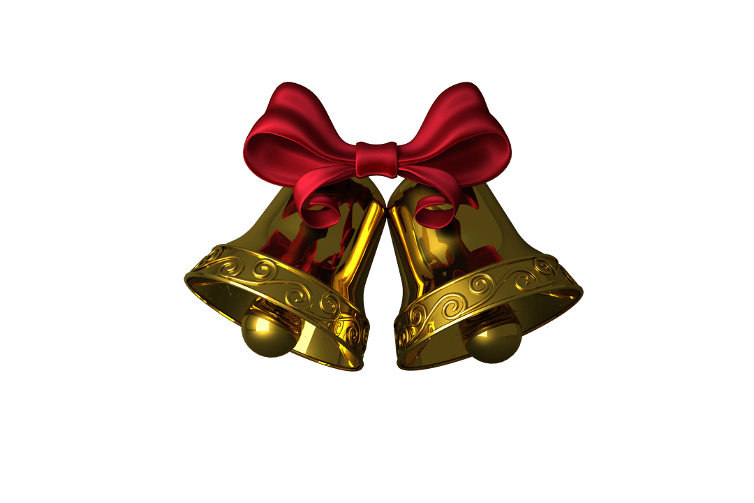 Golden Holiday Bells With Elegant Red Bow on Transparent Background