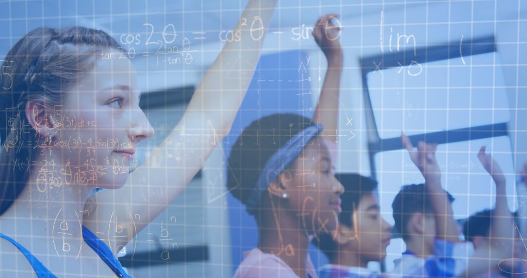 Schoolchildren Engaged in Math Classroom with Equations Overlay
