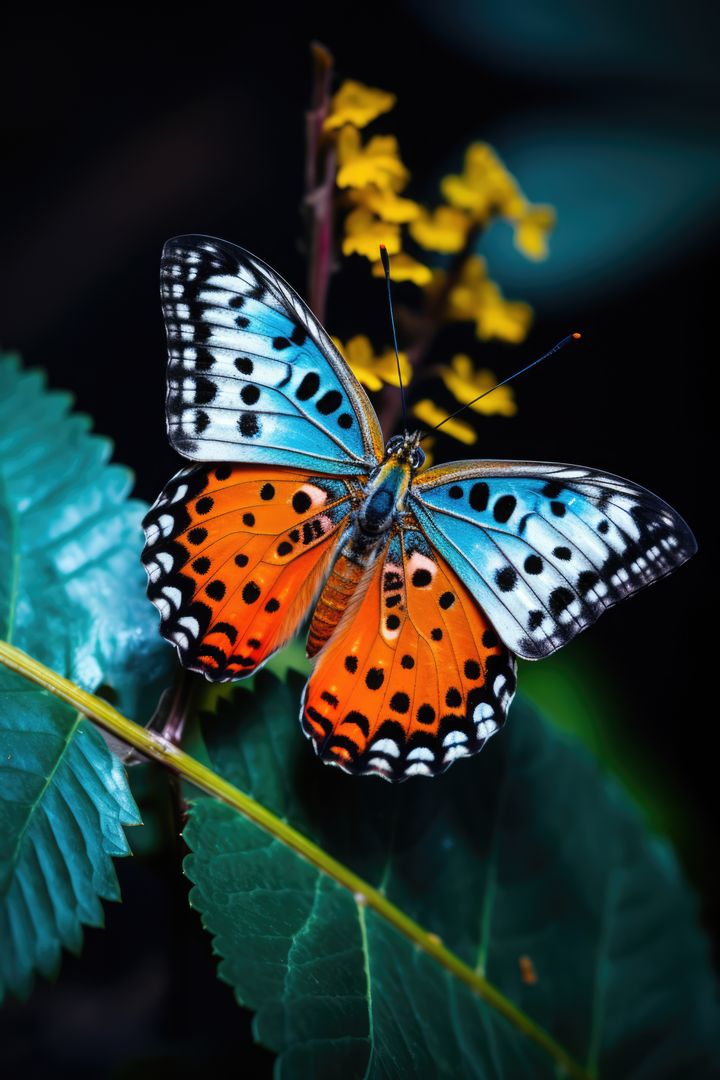 Colorful Butterfly Perched on Green Leaf with Yellow Flowers in Background - Free Images, Stock Photos and Pictures on Pikwizard.com