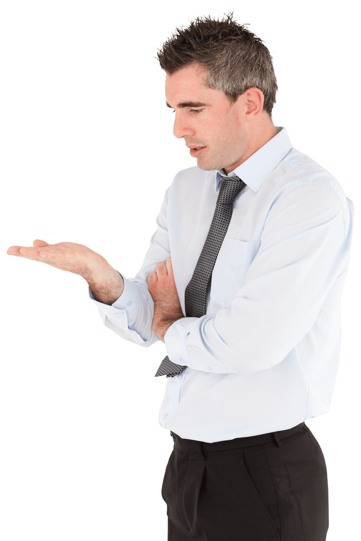 Confident Businessman Posing with Transparent Hand Gesture