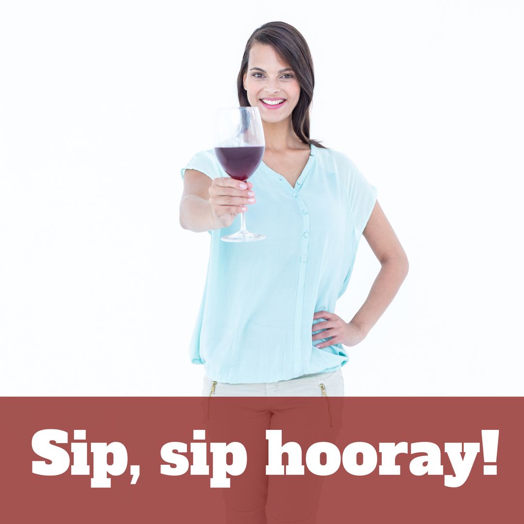 Happy Woman Celebrating with Glass of Wine and Sip Sip Hooray Text - Download Free Stock Templates Pikwizard.com