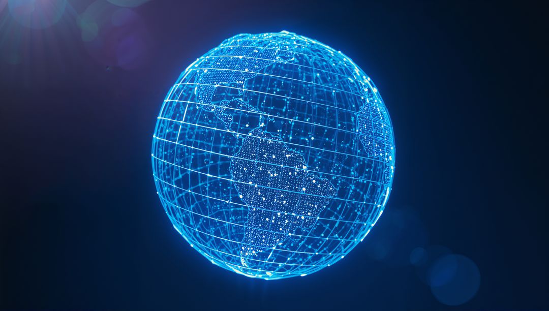 Futuristic Blue Wireframe Globe with Digital Data Visualization