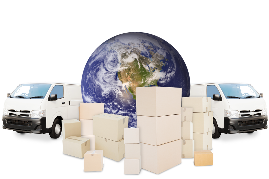 Transparent Illustration of Global Shipping Concept with Vans and Packing Boxes - Download Free Stock Images Pikwizard.com