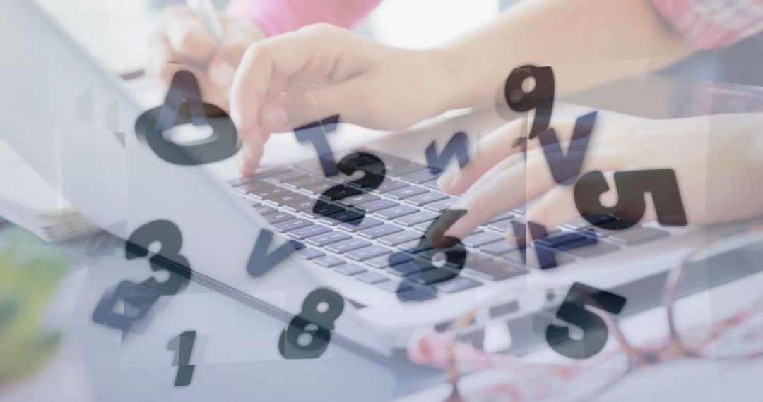 Woman Typing on Laptop Surrounded by Floating Numbers