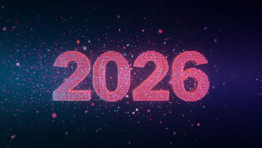 Glowing 2026 numerals pulsing with neon mosaic tiles, confetti particles, digital glow