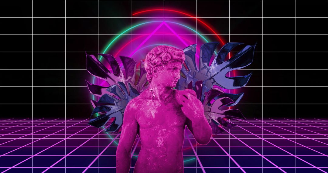 Neon Grid Retro Futuristic Digital Art with Classical Statue